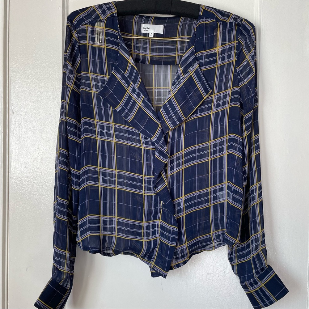 Button up Blouse Navy Plaid Chiffon